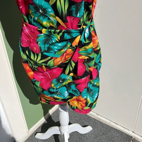 Vintage 80s 90s  Tropical Floral Faux Wrap Dress - Picture 3 of 6